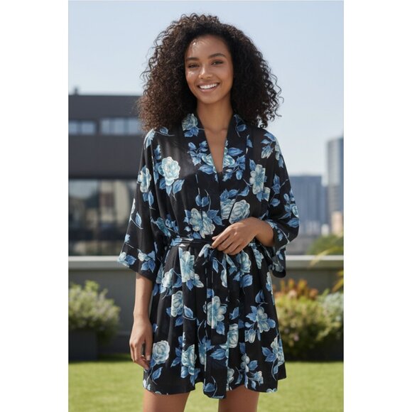 Lingerie Cacique Nightgown & Robe sz xs/s NEW/NWT Navy Blue Roses Floral Chiffon - Picture 1 of 6